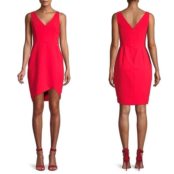 BCBGMAXAZRIA Red Sleeveless Double-V Asymmetrical Mini Tulip Cocktail Dress 8 - Picture 3 of 7